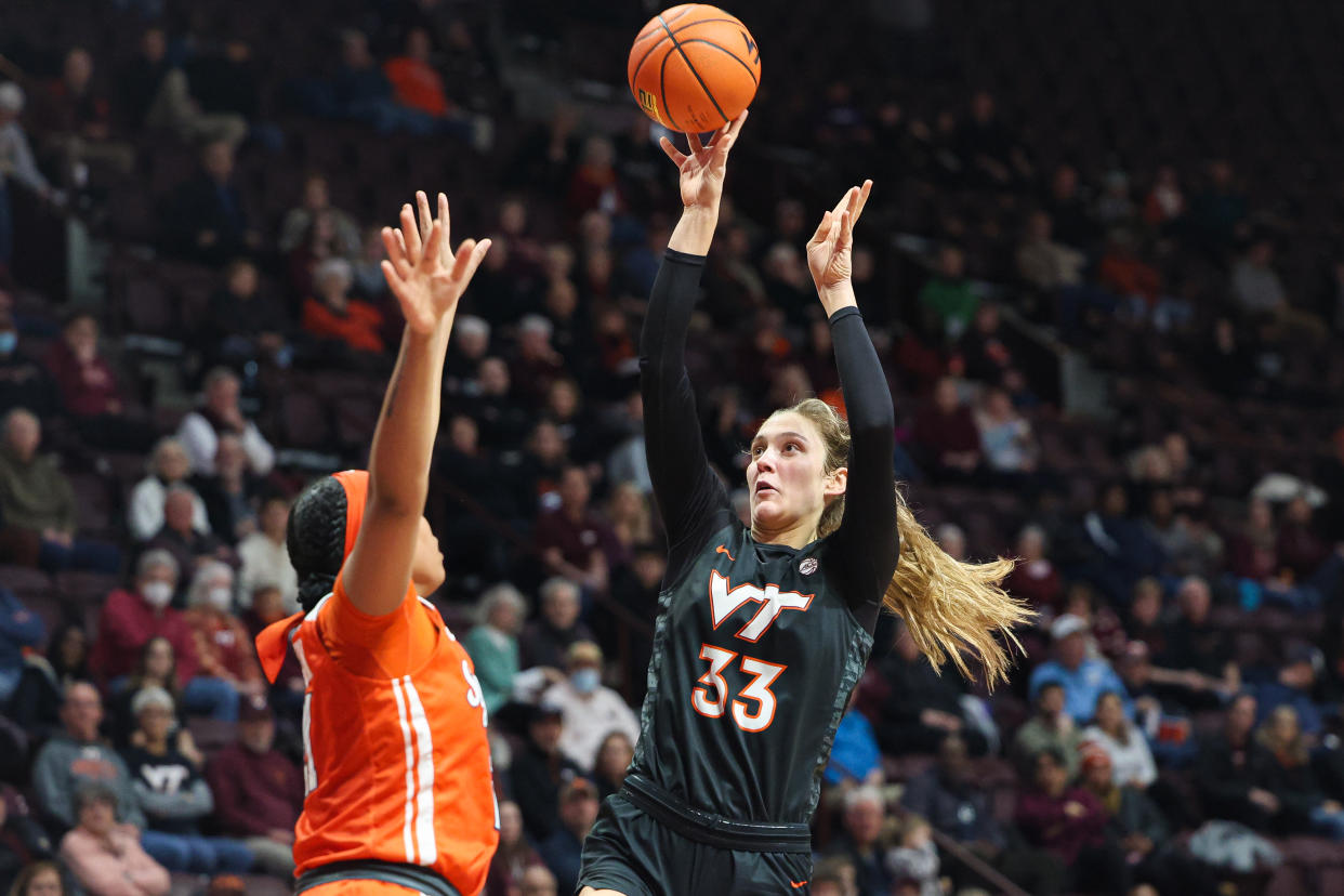 Virginia Tech's Elizabeth Kitley shoots against Syracuse on Feb. 2, 2023 in Blacksburg, Virginia. (Ryan Hunt/Getty Images)