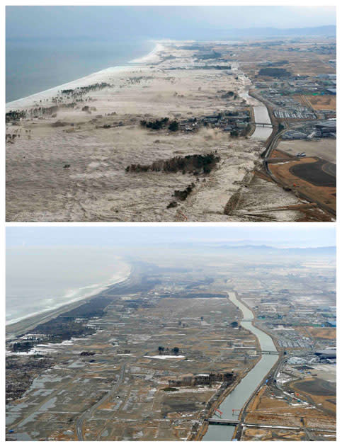 The tsunami-devastated Iwanuma city in Miyagi prefecture, is seen in these images taken March 11, 2011 (top) and March 1, 2012, in this combination photo released by Kyodo on March 7, 2012, ahead of the one-year anniversary of the March 11 earthquake and tsunami. Mandatory Credit REUTERS/Kyodo