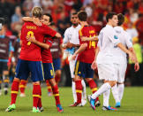 DONETSK, UKRAINE - JUNE 23: Fernando Torres and Xavi of Spain embrace after victory during the UEFA EURO 2012 quarter final match between Spain and France at Donbass Arena on June 23, 2012 in Donetsk, Ukraine. (Photo by Alex Livesey/Getty Images)