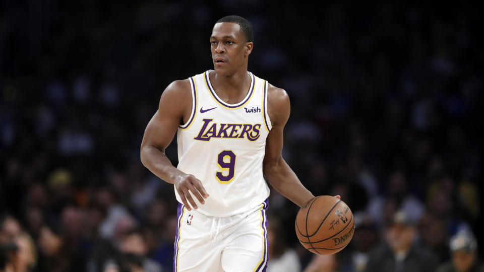 Los Angeles Lakers' Rajon Rondo during an NBA basketball game Sunday, March 24, 2019, in Los Angeles. (AP Photo/Marcio Jose Sanchez)