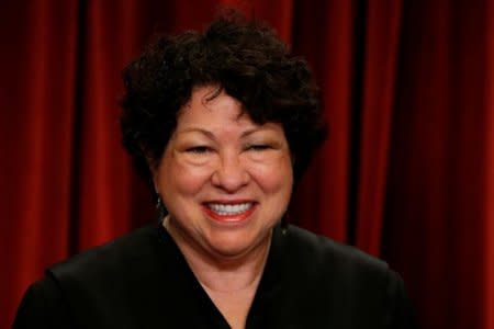 U.S. Supreme Court Justice Sonia Sotomayor participates in taking a new family photo with her fellow justices at the Supreme Court building in Washington, D.C., U.S., June 1, 2017. REUTERS/Jonathan Ernst