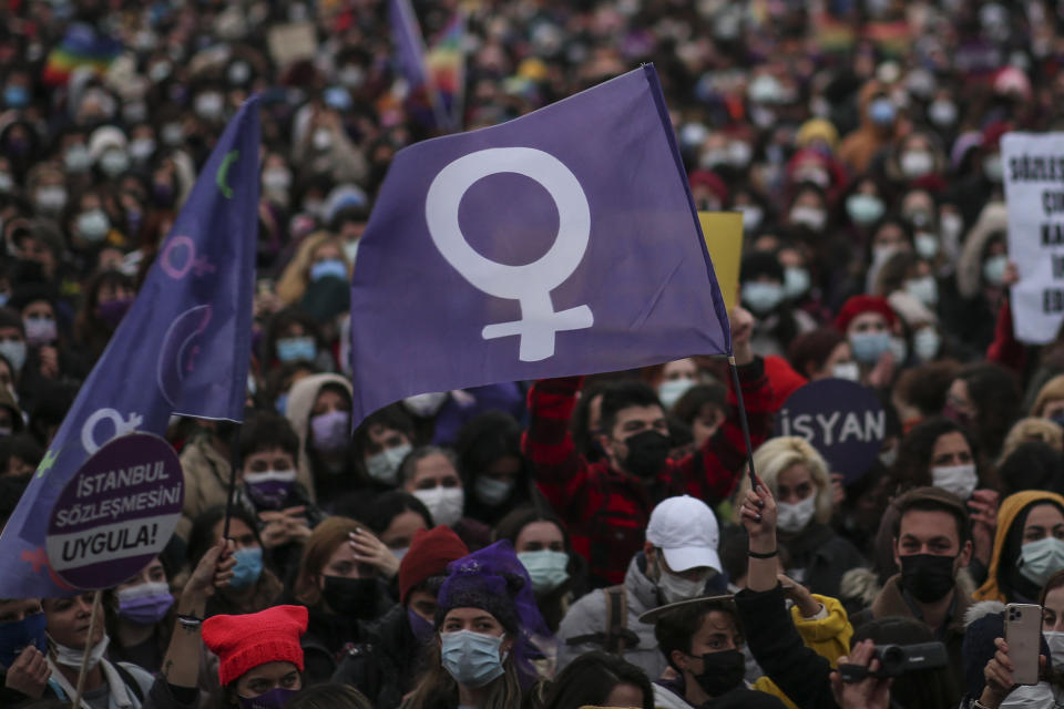 Protesters gather during a rally in Istanbul, Saturday, March 2021, 2021. Turkey's President Recep Tayyip Erdogan's overnight decree annulling Turkey's ratification of the Istanbul Convention is a blow to women's rights advocates, who say the agreement is crucial to combating domestic violence. Turkey was the first country to sign 10 years ago and that bears the name of its largest city. (AP Photo/Emrah Gurel)