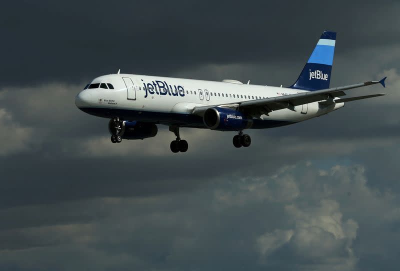 FILE PHOTO: A JetBlue aircraft comes in to land at Long Beach Airport in Long Beach