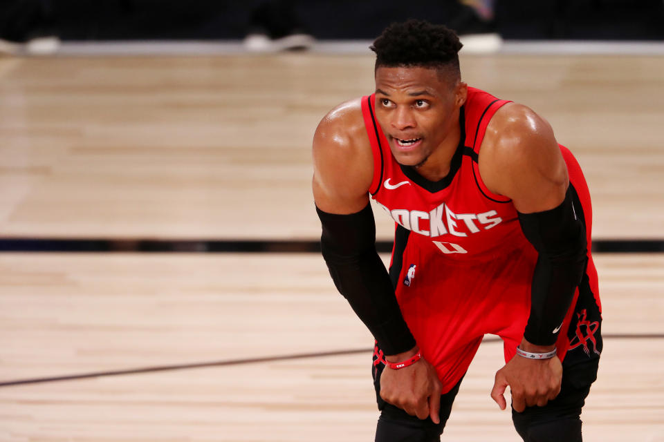 Rockets star Russell Westbrook is nursing a strained right quadriceps. (Mike Ehrmann/Getty Images)
