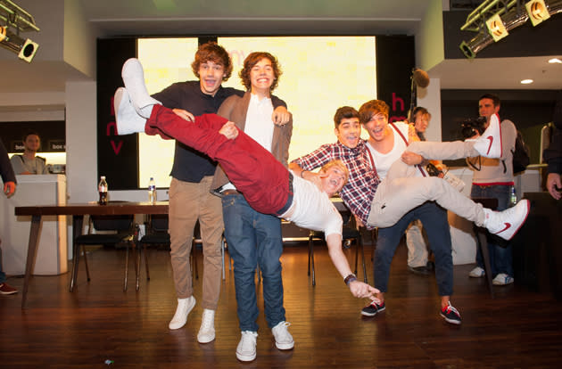 One Direction got a bit over excited as they prepared to meet some fans ahead of their new single release.