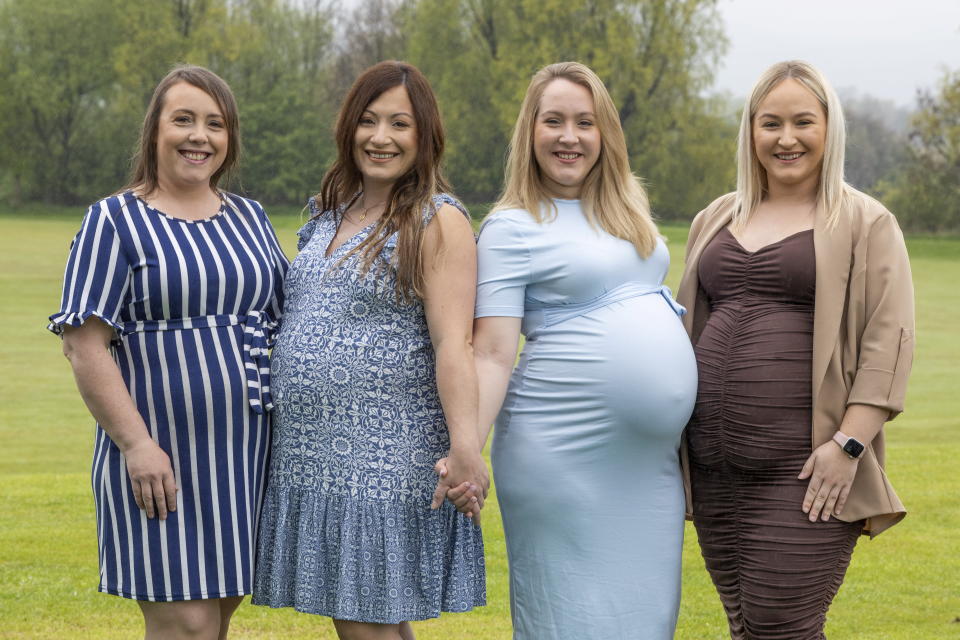 The sisters were shocked to discover they were pregnant at the same time, pictured L-R Kerry-Anne Thomson (41), Jay Goodwillie (35), Kayleigh Stewart (29) and Amy Goodwillie (24). (Katielee Arrowsmith/SWNS)
