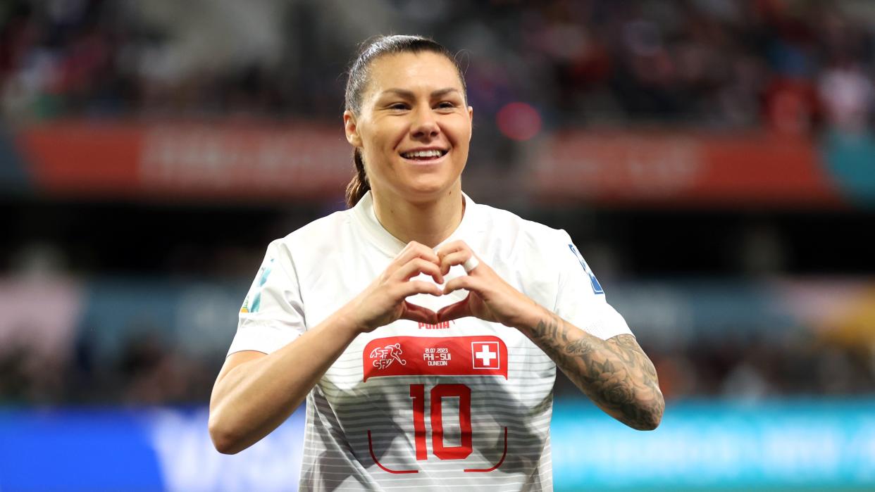  Ramona Bachmann of Switzerland celebrates after scoring her team's first goal during the FIFA Women's World Cup Australia & New Zealand 2023 Group A match 