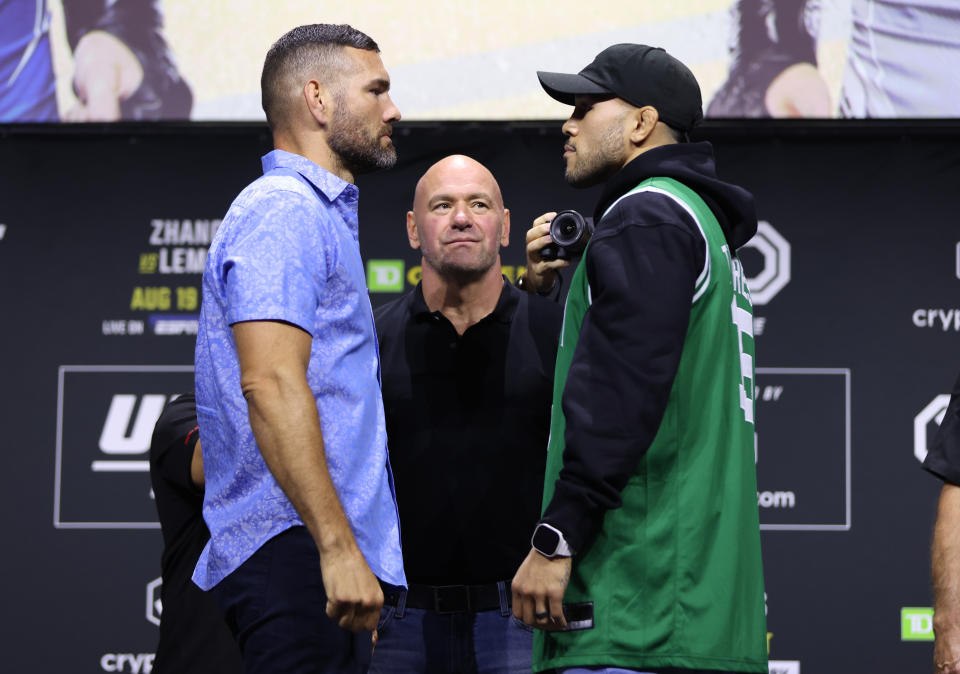 BOSTON, MA - AUGUST 17: (LR) Opponents Chris Weidman and Brad Tavares face off during the UFC 292 press conference at TD Garden on August 17, 2023 in Boston, MA.  (Photo by Paul Rutherford/Zuffa LLC via Getty Images)