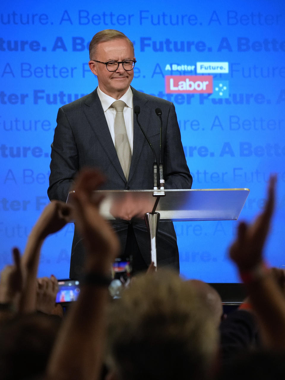 Labor Party leader Anthony Albanese speaks to supporters at a Labor Party event in Sydney, Australia, Sunday, May 22, 2022, after Prime Minister Scott Morrison conceding defeat to Albanese in a federal election. (AP Photo/Rick Rycroft)