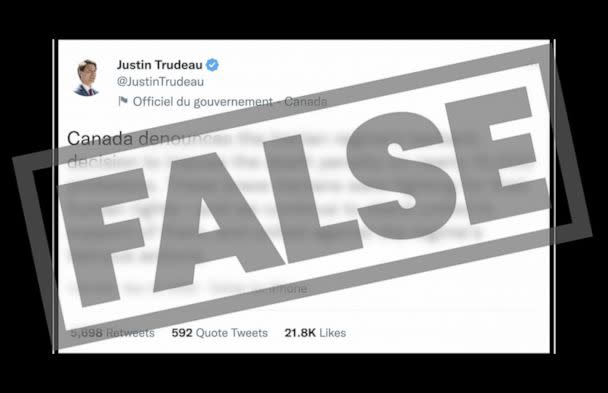 PHOTO: Canadian Prime Minister Justin Trudeau's Twitter account deleted a tweet regarding protesters in Iran. (ABC News Graphic)