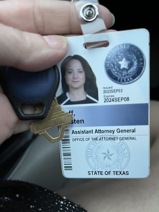 Kristen Huff's work badge while she was at the Texas Attorney General's Office. (Courtesy Kristen Huff)