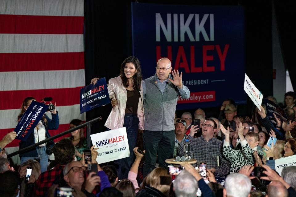 FILE -- Nikki Haley, former U.S. ambassador to the United Nations, with her husband Michael Haley after a campaign event at Horry-Georgetown Technical College in South Carolina on March 13, 2023. / Credit: Allison Joyce/Anadolu Agency via Getty Images