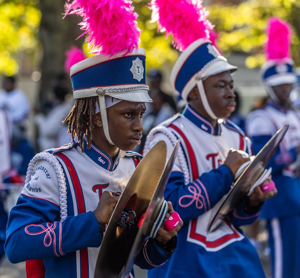 Tennessee State University's marching band, known as The Aristocrat of Bands, marches down Jefferson Street in Nashville for the 2023 homecoming parade on Oct. 14.