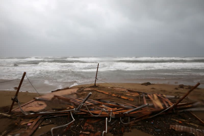 A destroyed wooden construction is seen at the beach in the village of Gastouni, as a rare storm, known as a Medicane (Mediterranean hurricane), hit western Greece