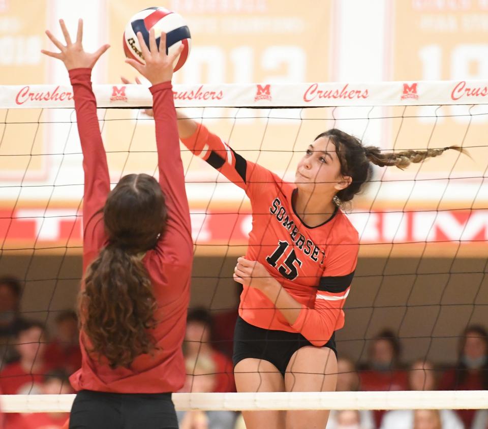 Somerset's Olivia Svonavec delivers a kill during an LHAC volleyball match against Bishop McCort, Sept. 8, in Johnstown.