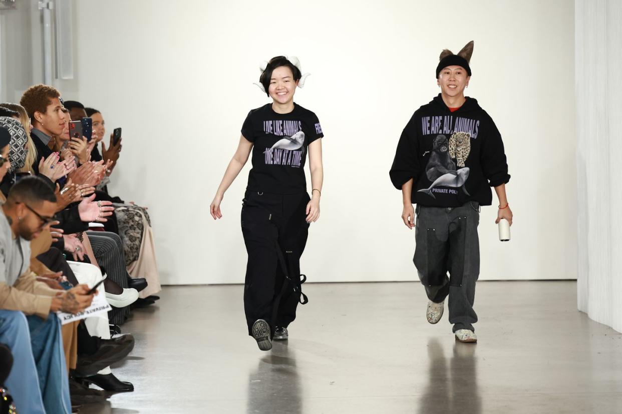 creative directors siying qu and haoran li walk the runway at the private policy show during new york fashion week in 2023