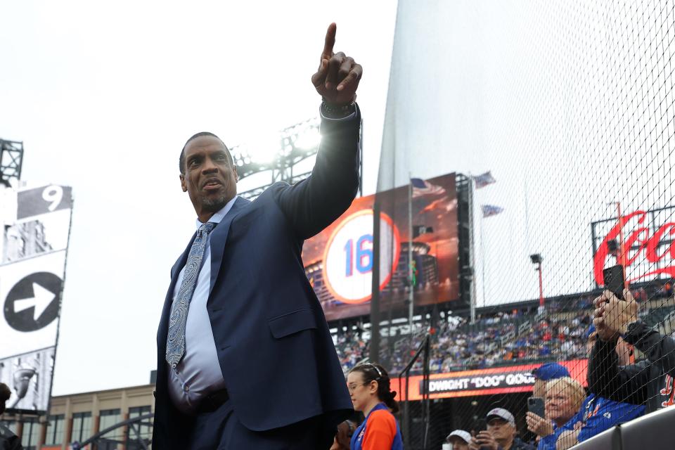 Apr 14, 2024; New York City, New York, USA; New York Mets former pitcher Dwight Gooden interacts with fans before his number retirement ceremony before a game against the Kansas City Royals at Citi Field. Mandatory Credit: Brad Penner-USA TODAY Sports