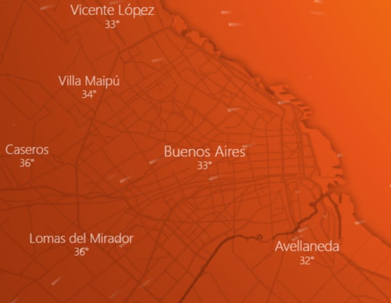 Los meteorólogos prevén otro día de temperaturas extremas en la Ciudad de Buenos Aires y su zona metropolitana (Fuente: Windy)