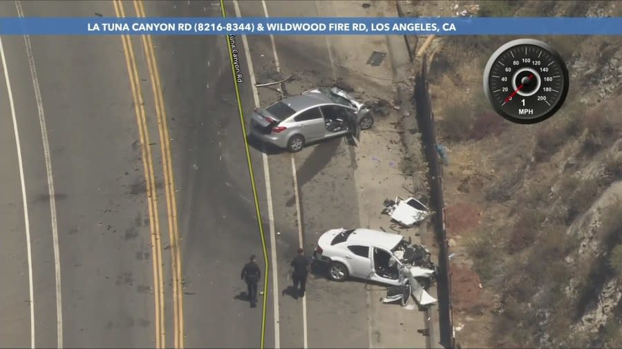 Video from Sky5 showed two vehicles involved in a deadly head-on crash near Tujunga on July 18, 2024. 