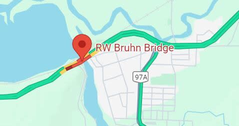 Due to the vehicle incident, the bridge is currently closed in both directions, according to authorities. (DriveBC – Image credit)