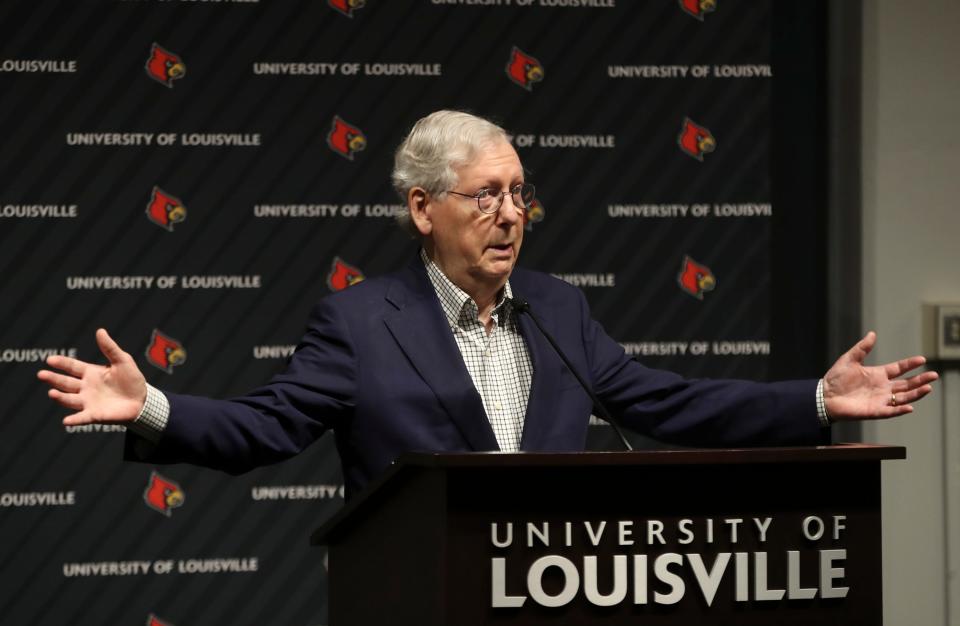 Sen. Mitch McConnell, R-Ky., speaks at a press conference after touring the Regional Biocontainment Lab - Center for Predictive Medicine at the University of Louisville on Monday, May 3, 2021.