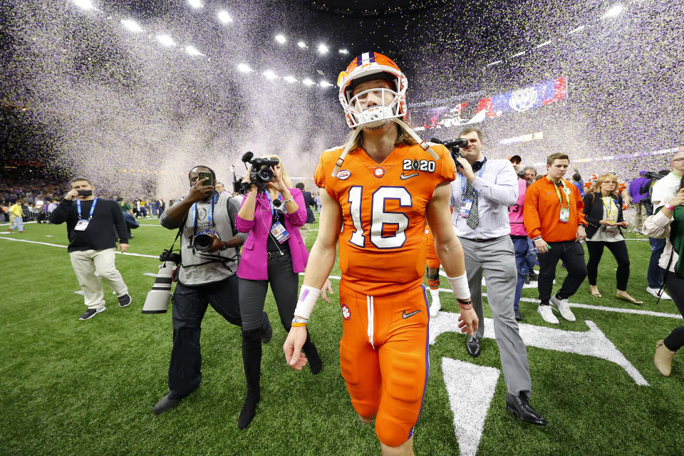 NEW ORLEANS, LOUISIANA - JANUARY 13: Trevor Lawrence #16 of the Clemson Tigers reacts after being defeated 42-25 by LSU Tigers in the College Football Playoff National Championship game at Mercedes Benz Superdome on January 13, 2020 in New Orleans, Louisiana. (Photo by Kevin C. Cox/Getty Images)