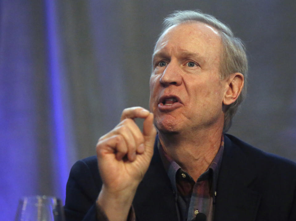 FILE - In this Jan. 16, 2014 file photo, venture capitalist Bruce Rauner, a candidate for the Republican nomination for Illinois governor, speaks during a business forum in Mount Prospect, Ill. When Rauner announced plans last year to run for governor of Illinois, it was clear this wouldn’t be the kind of race the state was accustomed to. Rauner, who made his fortune as a venture capitalist, was new to campaigning and bragged of being beholden to no one. Rauner is considered the heavy favorite in the four-way GOP primary. (AP Photo/Charles Rex Arbogast, File)