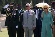 <p>After their separate engagements, the Prince of Wales and Duchess of Cornwall visit the Commonwealth War Graves Cemetery in Fajara. </p>