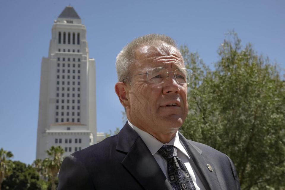 Los Angeles Police Chief Michel Moore addresses a news conference at LAPD headquarters on July 7.