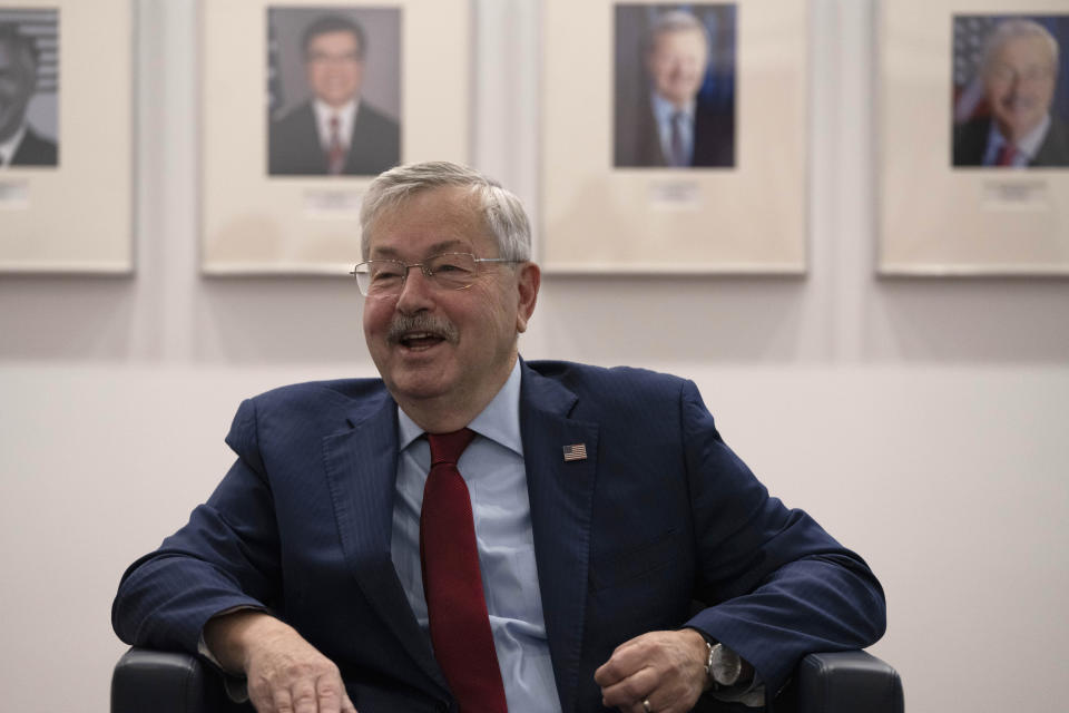 U.S. Ambassador to China Terry Branstad speaks during an interview at the U.S. embassy in Beijing on Tuesday, Sept. 29, 2020. The departing U.S. ambassador on Tuesday defended a tough approach to China that has riled relations between the world's two largest economies, saying the Trump administration has made progress on trade and that he hopes it will extend to other areas. (AP Photo/Ng Han Guan)