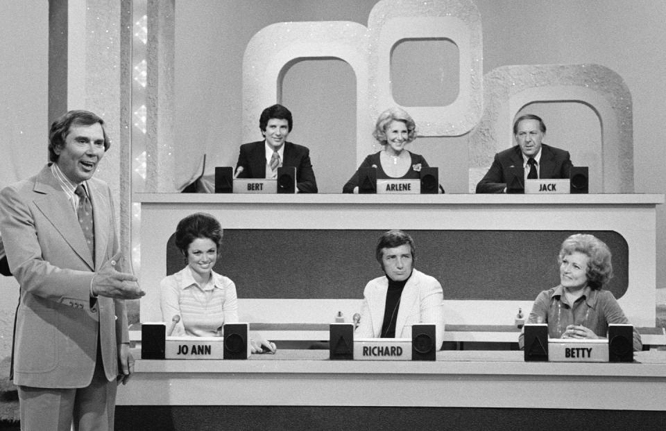 <p>Here, Betty and other celebrities including Richard Dawson (center bottom) and Jack Klugman (upper right) participate in the game show <em><a href="https://www.amazon.com/Match-Game-1973-Episode-003/dp/B07SH366X1/ref=sr_1_6?keywords=match+game&qid=1579110019&sr=8-6&tag=syn-yahoo-20&ascsubtag=%5Bartid%7C10055.g.30480315%5Bsrc%7Cyahoo-us" rel="nofollow noopener" target="_blank" data-ylk="slk:Match Game;elm:context_link;itc:0;sec:content-canvas" class="link ">Match Game</a></em>. </p>