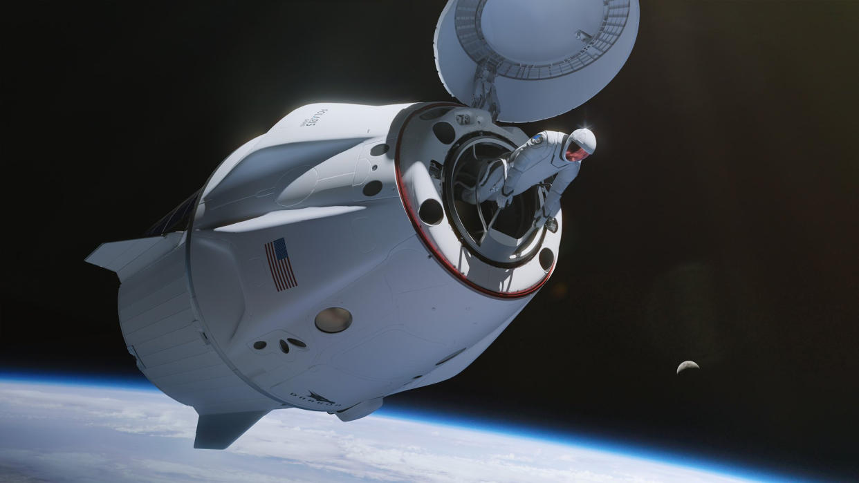  A person in a spacesuit exiting a white capsule in space, above Earth, from what looks like the top of the capsule. A barely lit moon is seen in the background. 