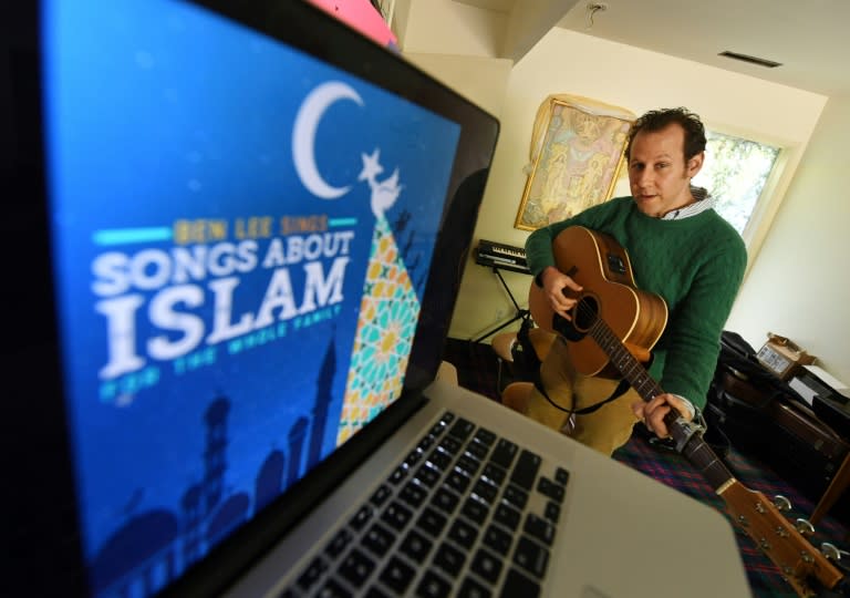 Australian musician Ben Lee rehearses inside his home studio in Los Angeles, California on March 2, 2017