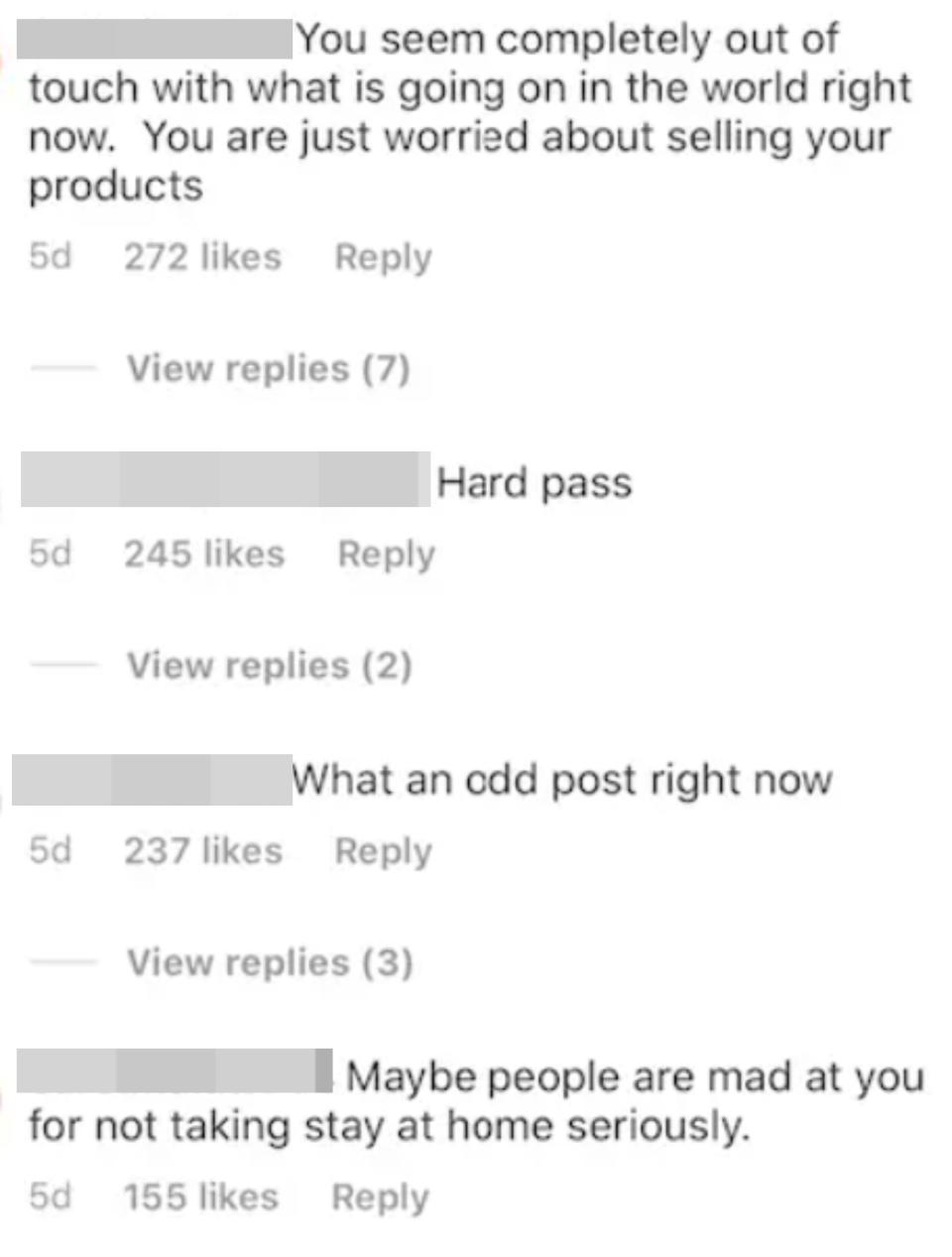 Screenshot of Instagram comments