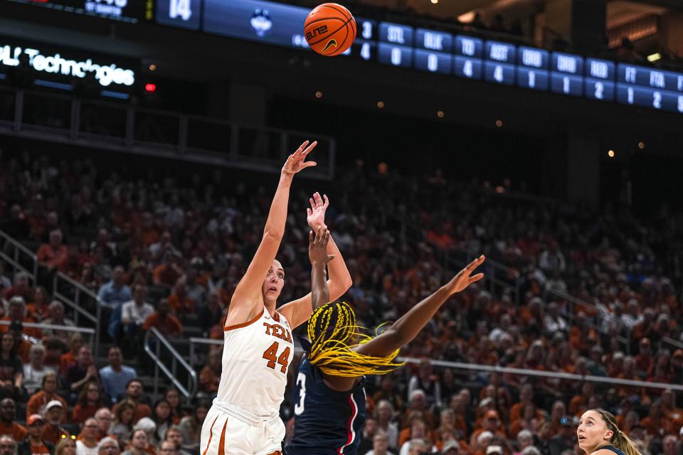 Texas forward Taylor Jones shoots over UConn forward Aaliyah Edwards during their game on Dec. 3 at Moody Center, which the Longhorns won. Texas is No. 5 in the country as it heads to the Rio Grande Valley for a nonconference matchup at UT-Rio Grande Valley.