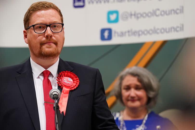 Jonathan Brash of the Labour Party delivers his speech after he is declared as winner of the Parliamentary constituency count for Hartlepool