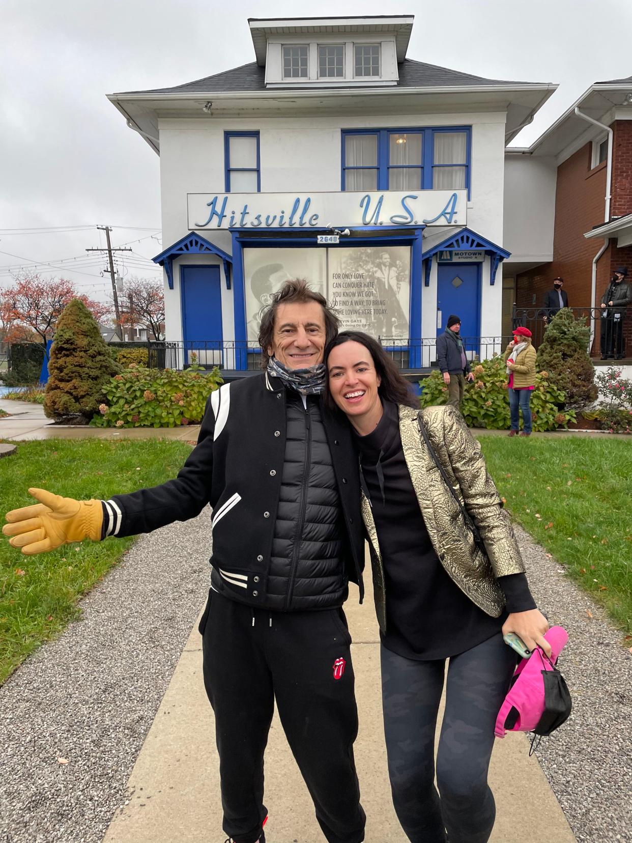 Rolling Stones guitarist Ronnie Wood and his wife, Sally Wood, in front of Detroit's Motown Museum on Sunday, Nov. 14, 2021.