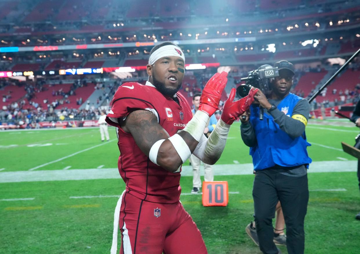 Dec 12, 2022; Glendale, Ariz., USA;  Arizona Cardinals safety Budda Baker (3) applauds the fans after losing 27-13 to the New England Patriots at State Farm Stadium.