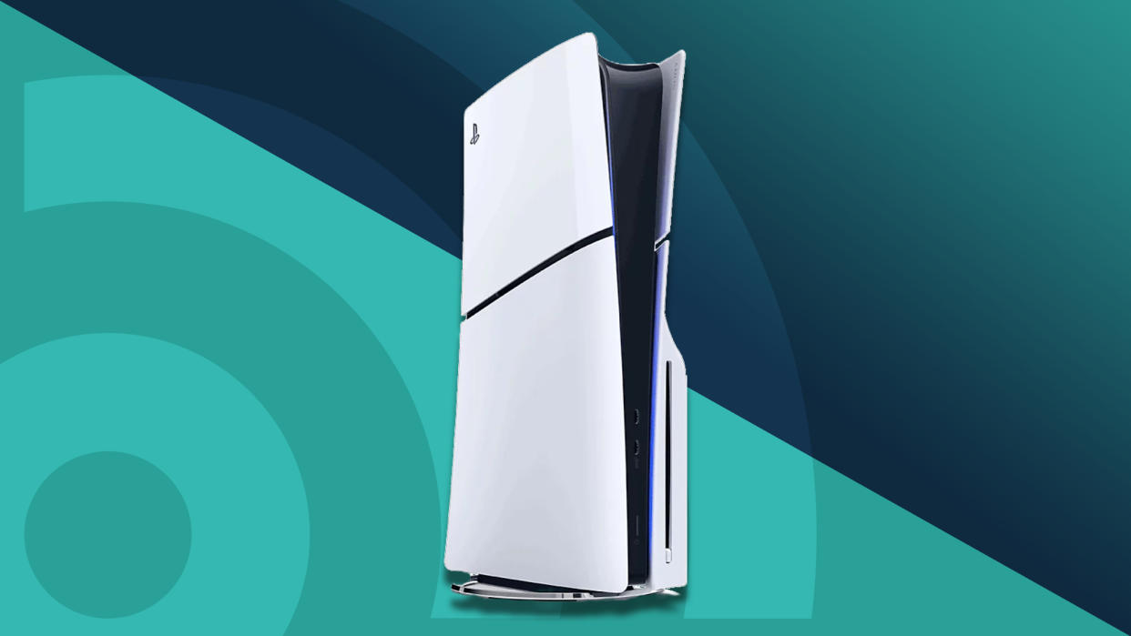  The PS5 Slim on a light blue backdrop,. 
