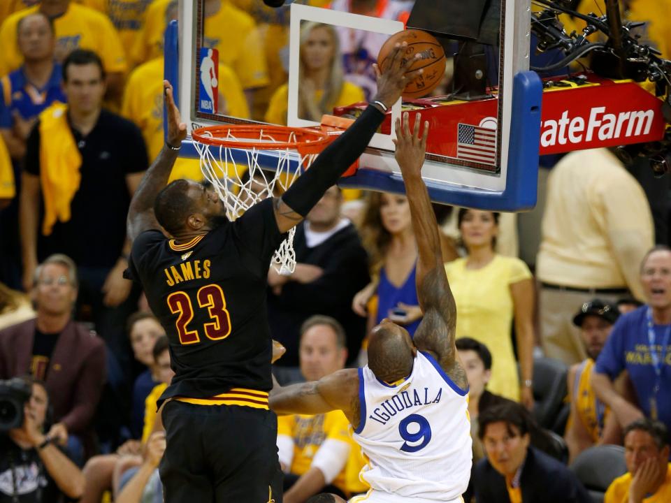 LeBron James blocks Andre Iguodala's layup attempt during Game 7 of the 2016 NBA Finals.