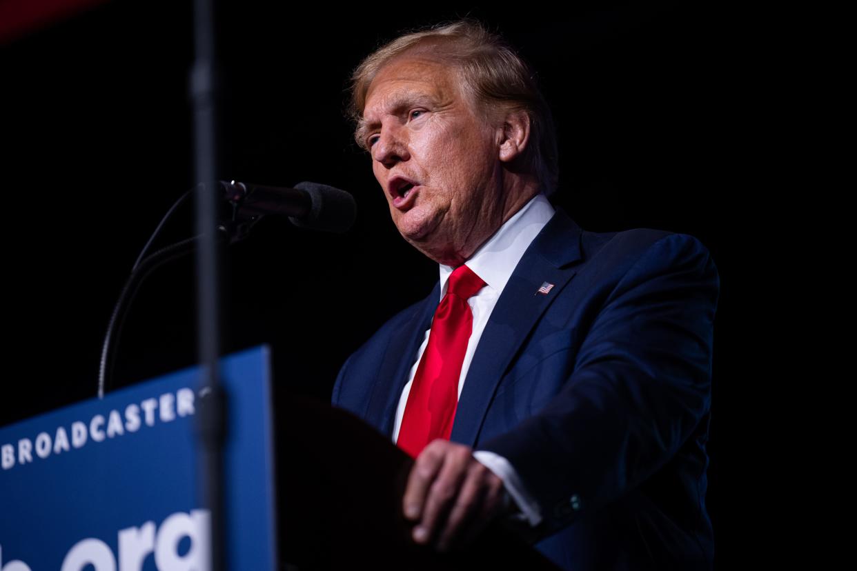 NASHVILLE, TENNESSEE - FEBRUARY 22: Republican presidential candidate, former U.S. President Donald Trump, speaks during the 2024 NRB International Christian Media Convention Presidential Forum at The Gaylord Opryland Resort and Convention Center on February 22, 2024 in Nashville, Tennessee. Trump's appearance comes shortly after judge Arthur Engoron, who is presiding over Trump's $355 million civil fraud case in New York, denied the former president's request to delay the judgment for a month. (Photo by Jon Cherry/Getty Images) ORG XMIT: 776108662 ORIG FILE ID: 2023794851