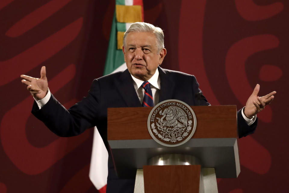 Mexican President Andres Manuel Lopez Obrador talking during his daily morning media conference at the National Palace, on July 4, 2022 In Mexico City, Mexico. / Credit: Luis Barron / Eyepix Group/Future Publishing via Getty Images