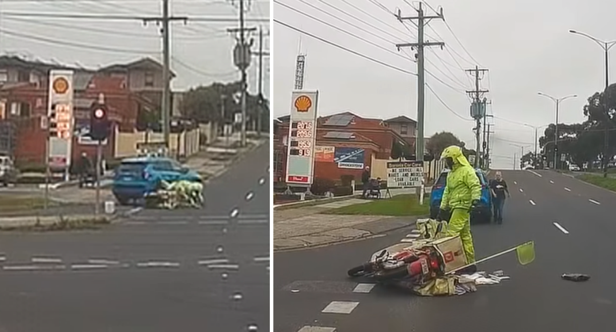 The Australia Post rider mid-fall is caught on dashcam (left) and the worker standing beside the bike as the woman from the blue car walks toward him (right). 