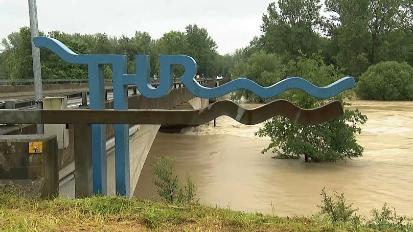 Water levels rise at the point where the River Murg meets the Thur in Thurgau, Switzerland, June 1, 2024