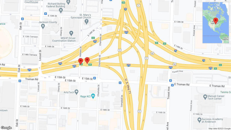 A detailed map that shows the affected road due to 'Broken down vehicle on eastbound I-670 in Kansas City' on September 18th at 6:56 p.m.