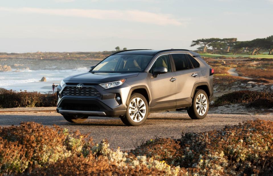 <p>All-new this year, <a rel="nofollow noopener" href="https://www.caranddriver.com/toyota/rav4" target="_blank" data-ylk="slk:the 2019 Toyota RAV4;elm:context_link;itc:0;sec:content-canvas" class="link ">the 2019 Toyota RAV4</a> gets more chiseled styling along with revised engines and a more modern cabin. We like the look on the outside, but the interior leaves us a little cold depending on the trim; the funkier vibes in the Adventure trim are welcome. The standard 2.0-liter four-cylinder engine is strong if a little noisy, and it returns up to 30 mpg combined-enough to just barely sneak onto this list.</p>