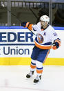 New York Islanders right wing Josh Bailey celebrates his goal after scoring against the Washington Capitals during the third period of an NHL Eastern Conference Stanley Cup hockey playoff game in Toronto, Wednesday, Aug. 12, 2020. (Nathan Denette/The Canadian Press via AP)