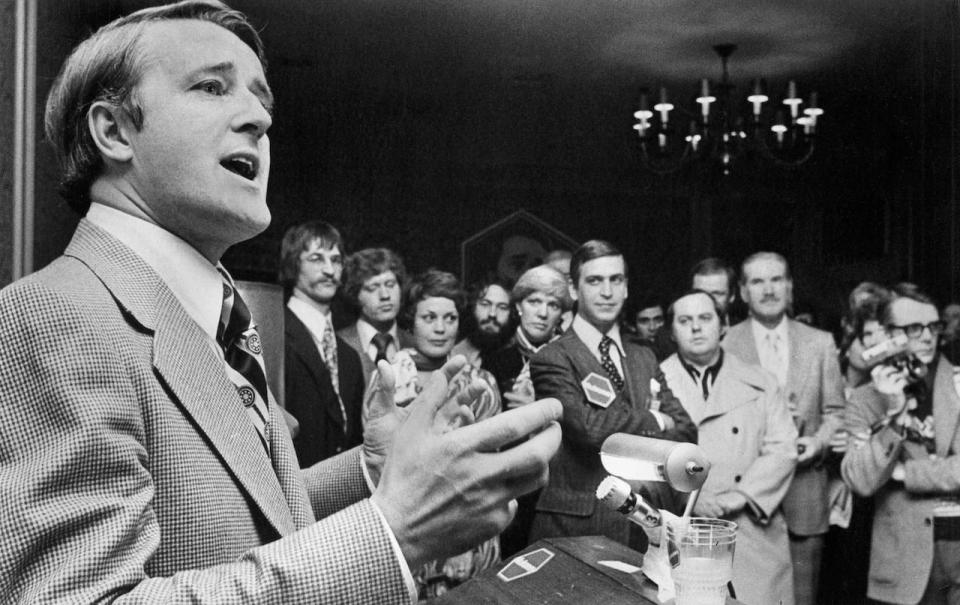 Progressive Conservative leadership candidate Brian Mulroney speaks to delegates at an informal gathering in a hotel suite in Ottawa, ON Feb. 18, 1976.