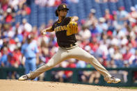 San Diego Padres starting pitcher Yu Darvish throws a pitch during the second inning of a baseball game against the Philadelphia Phillies, Thursday, May 19, 2022, in Philadelphia. (AP Photo/Chris Szagola)