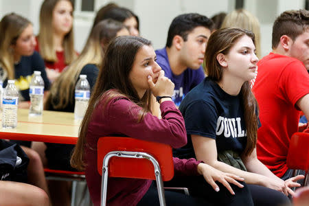 Students from Marjory Stoneman Douglas High School listen to a speaker at Leon High School instruct them on how to speak with Florida state legislators about strengthening gun control laws, following last week's mass shooting on their campus, in Tallahassee, Florida, U.S., February 20, 2018. REUTERS/Colin Hackley